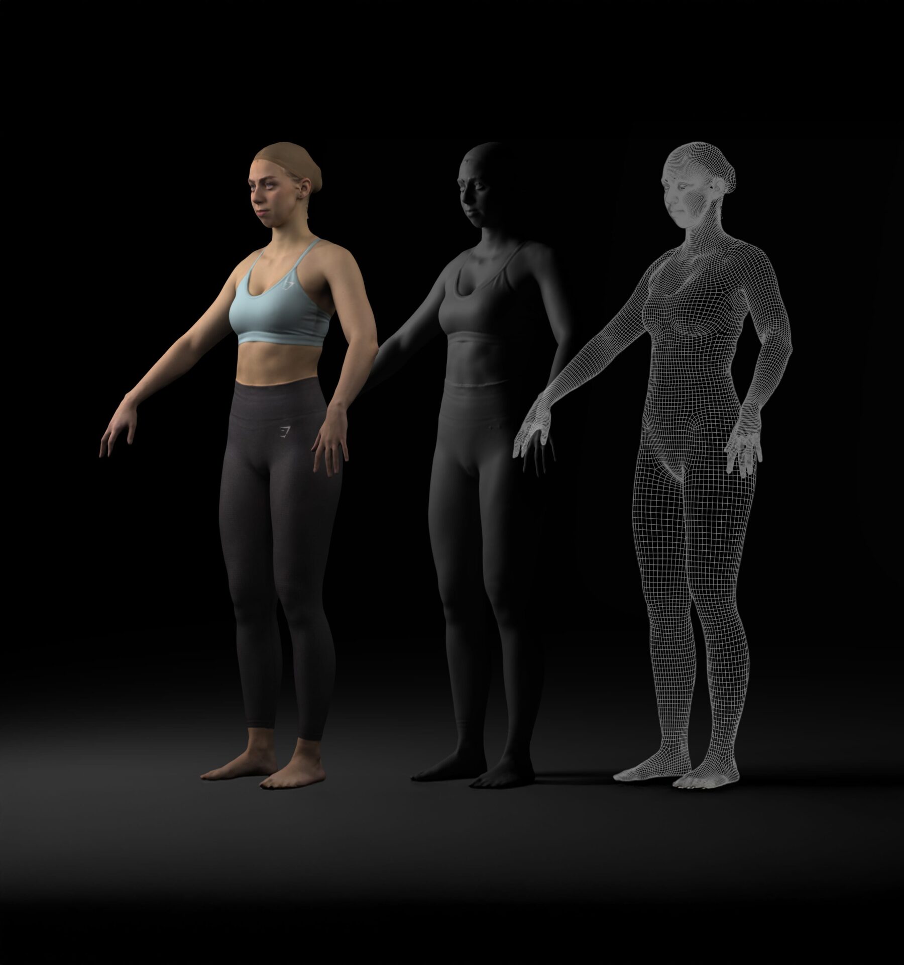 Cyber scan output stages side by side: textured full-body model, untextured mesh and wireframe topology of the same performer