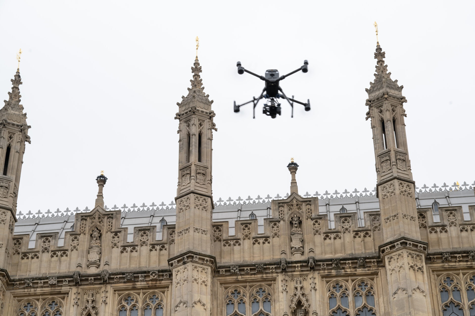 Drone survey above Houses of Parliament roofline — contactless heritage capture by Visualskies