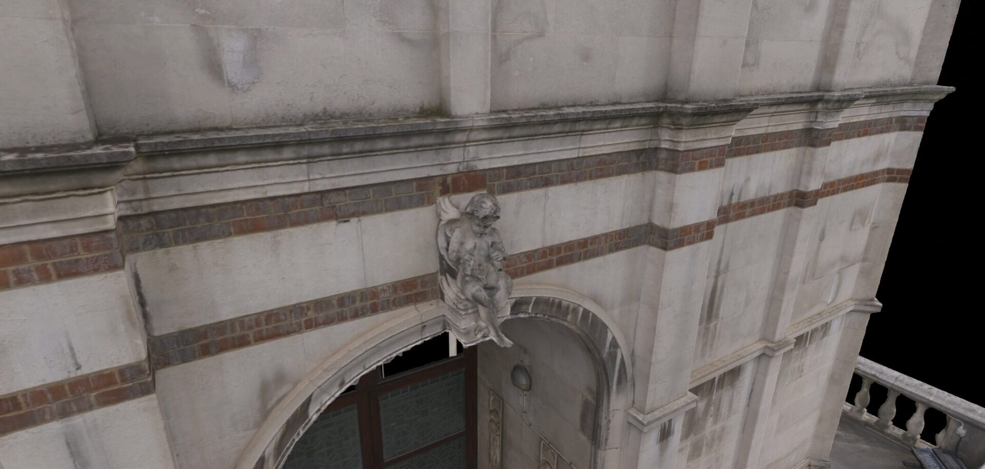 Detail of 3D photogrammetry scan — Imperial College London stone facade and carved figure