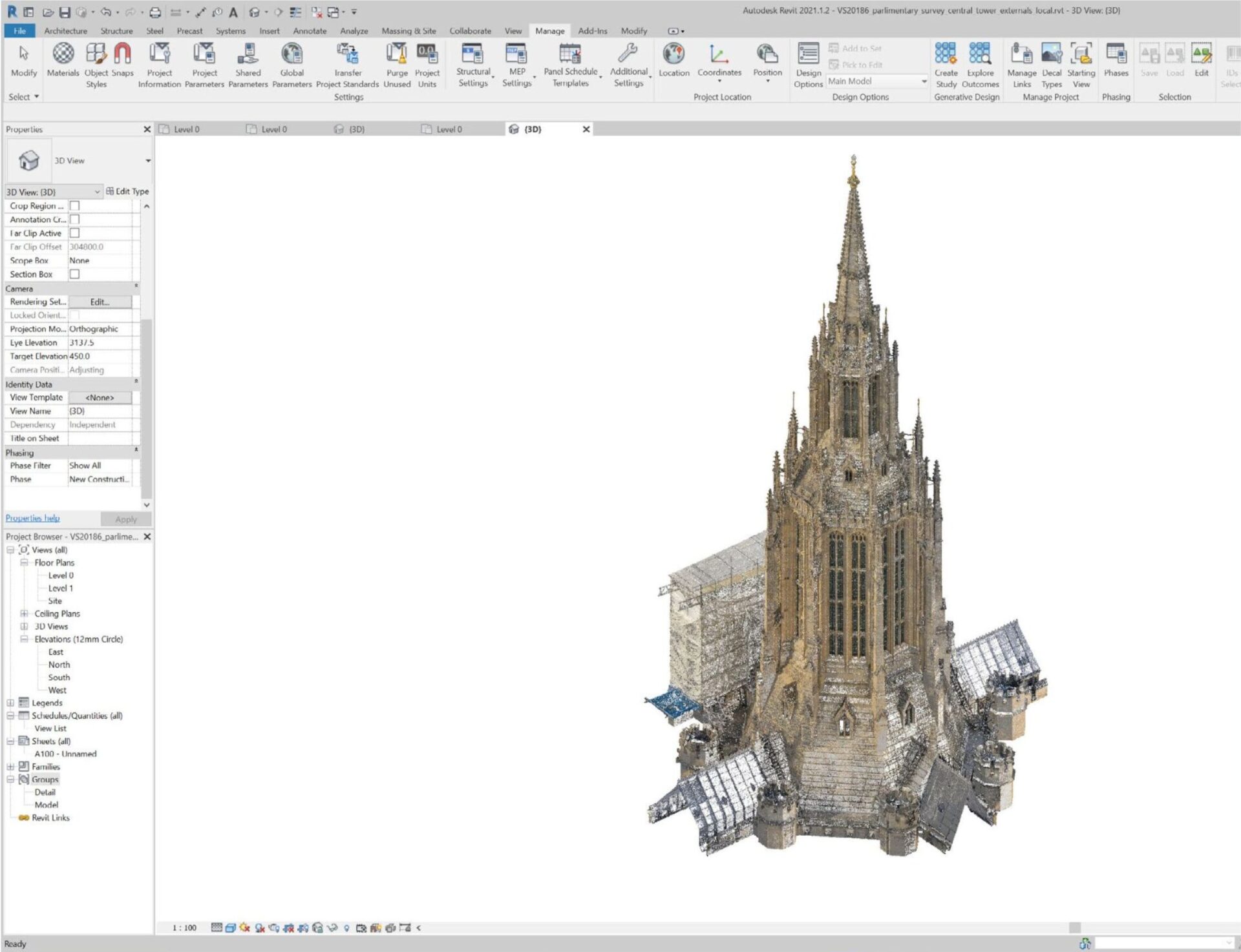 Houses of Parliament central tower 3D model in Autodesk Revit — point cloud survey for restoration design