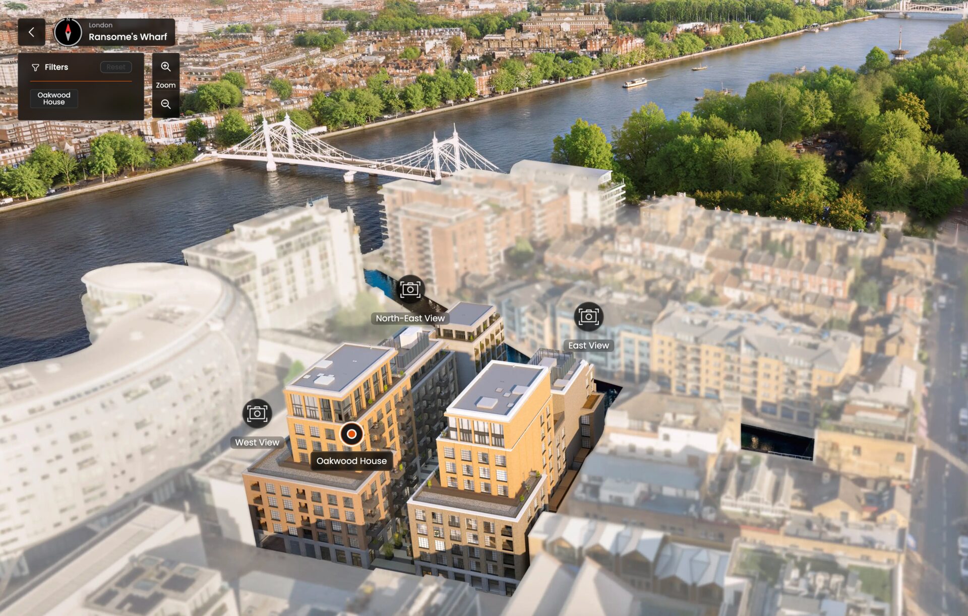 Aerial 3D view of Ransome's Wharf London Square development with Albert Bridge — Visualskies site context model