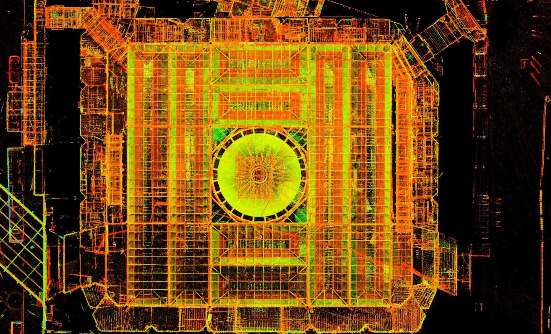 Overhead LiDAR point cloud of Smithfield Market London — millimetre-accurate heritage survey