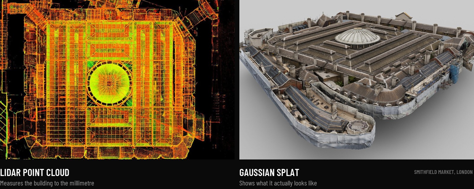 Gaussian splatting vs LiDAR: Smithfield Market in London as an overhead LiDAR point cloud beside a photoreal 3D Gaussian splat of the same building