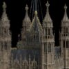 What is Gaussian splatting: a 3D Gaussian splat of the Houses of Parliament shown as coarse, elongated splats on the left resolving into a photoreal render on the right