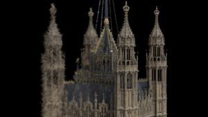 What is Gaussian splatting: a 3D Gaussian splat of the Houses of Parliament shown as coarse, elongated splats on the left resolving into a photoreal render on the right
