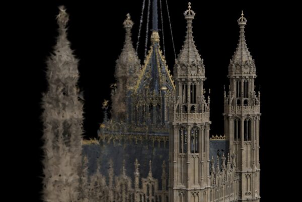 What is Gaussian splatting: a 3D Gaussian splat of the Houses of Parliament shown as coarse, elongated splats on the left resolving into a photoreal render on the right