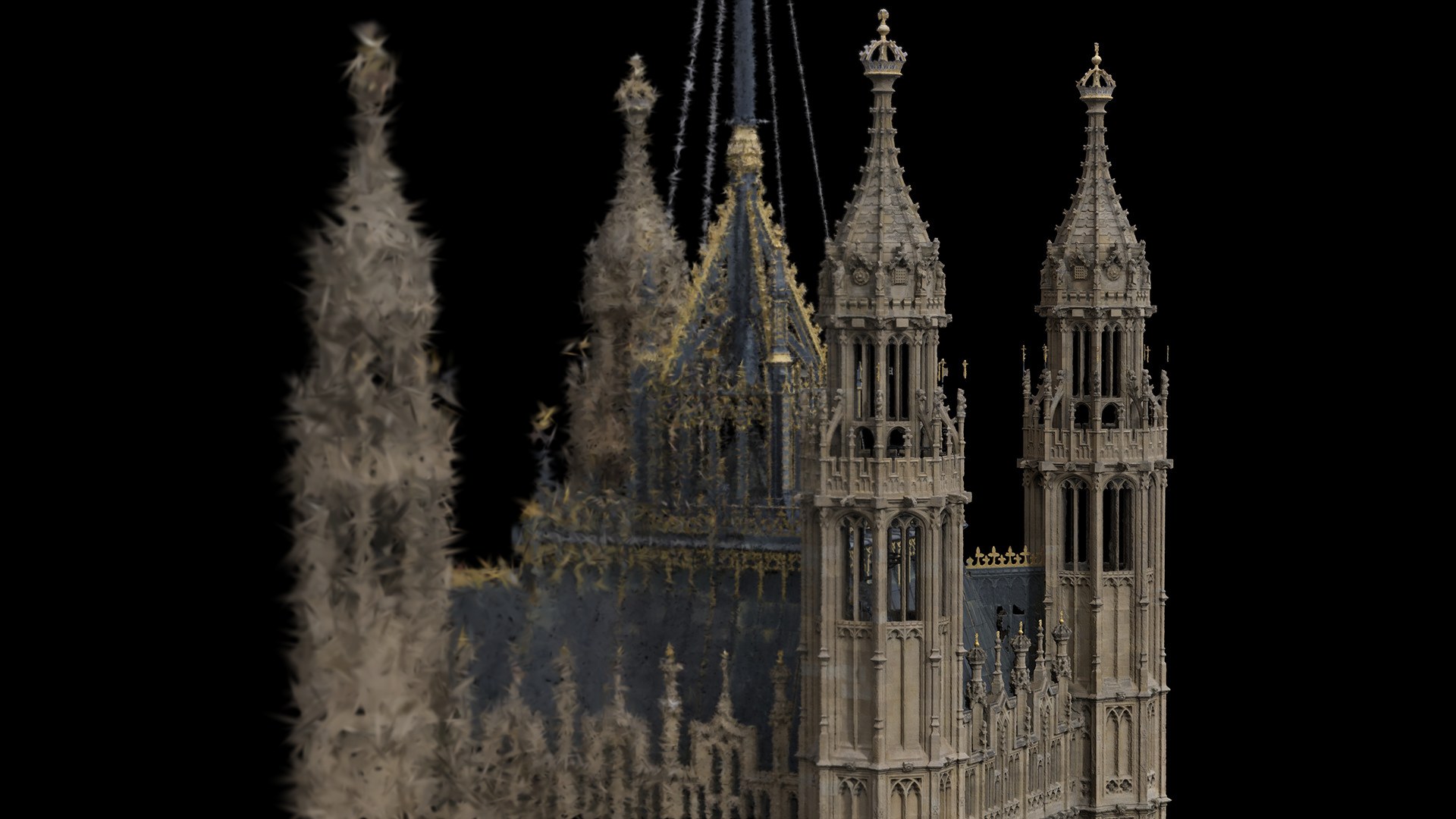 What is Gaussian splatting: a 3D Gaussian splat of the Houses of Parliament shown as coarse, elongated splats on the left resolving into a photoreal render on the right