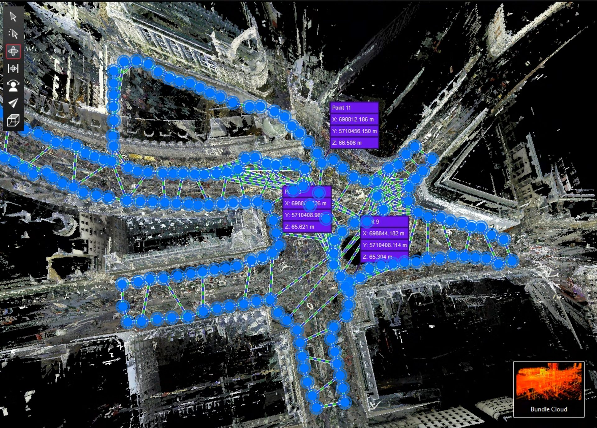 Leica Cyclone registration of a LiDAR scan network at Piccadilly Circus, showing scan setups and surveyed control points