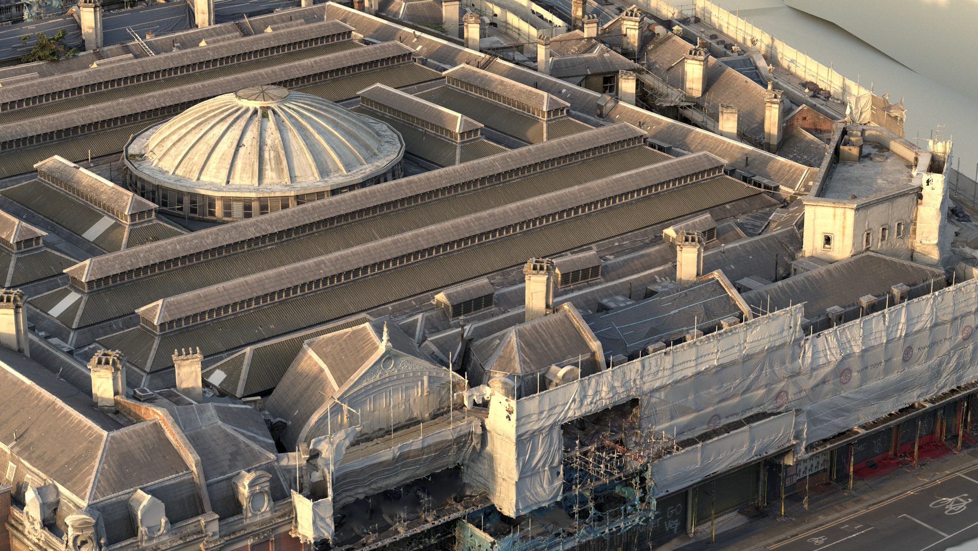 Bird's-eye 3D model of the General Market at West Smithfield, the future home of the London Museum