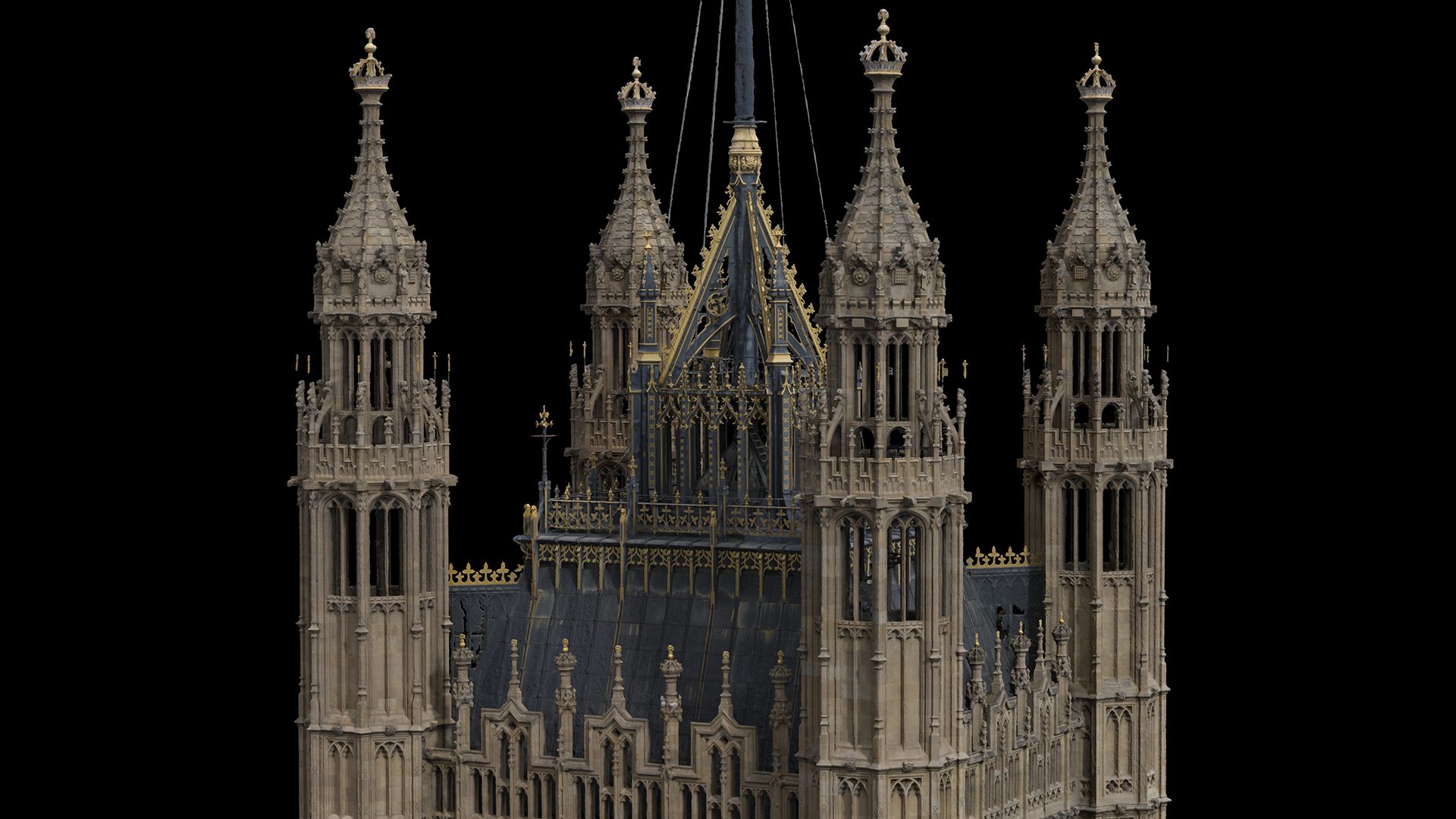 Detailed 3D scan of the pinnacles and roof at the top of the Victoria Tower, Houses of Parliament