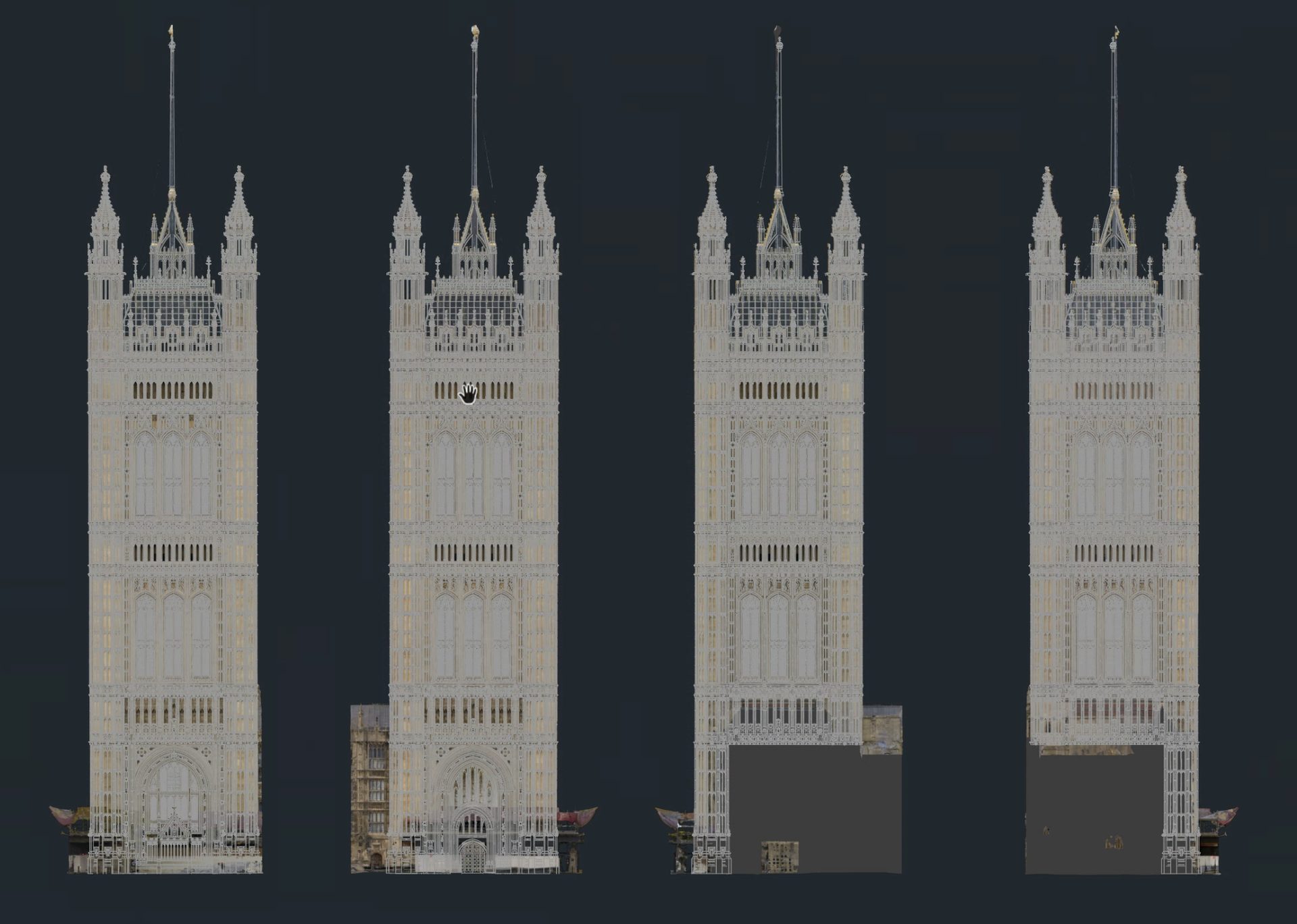 Orthographic elevations of all four faces of the Victoria Tower generated from the 3D scan and checked against existing 2D plans